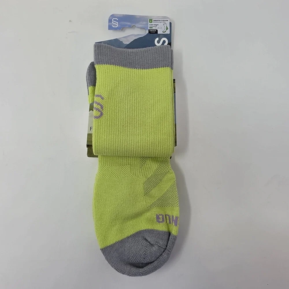 New! SpireSnug Crew Targeted Cushion Coolmax Hiking Socks Neon Yellow Gray Large
